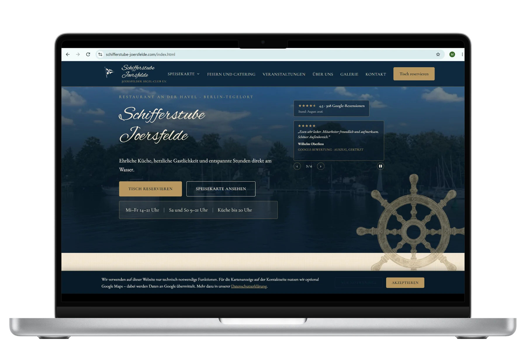 Website der Schifferstube Joersfelde auf einem Laptop