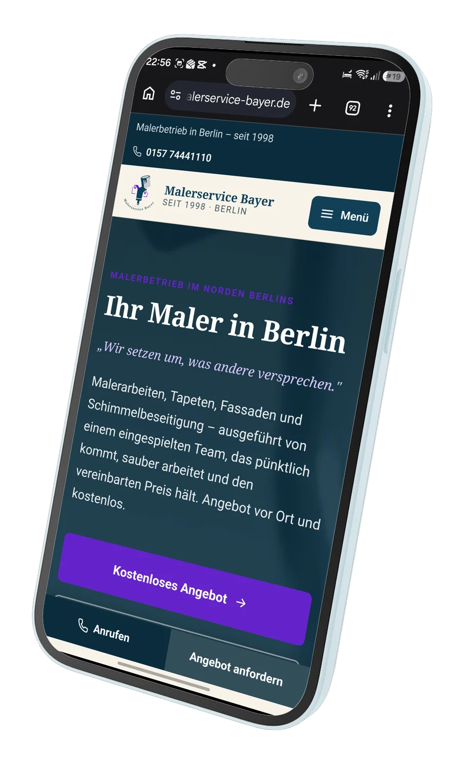 Startseite von Malerservice Bayer auf einem Smartphone
